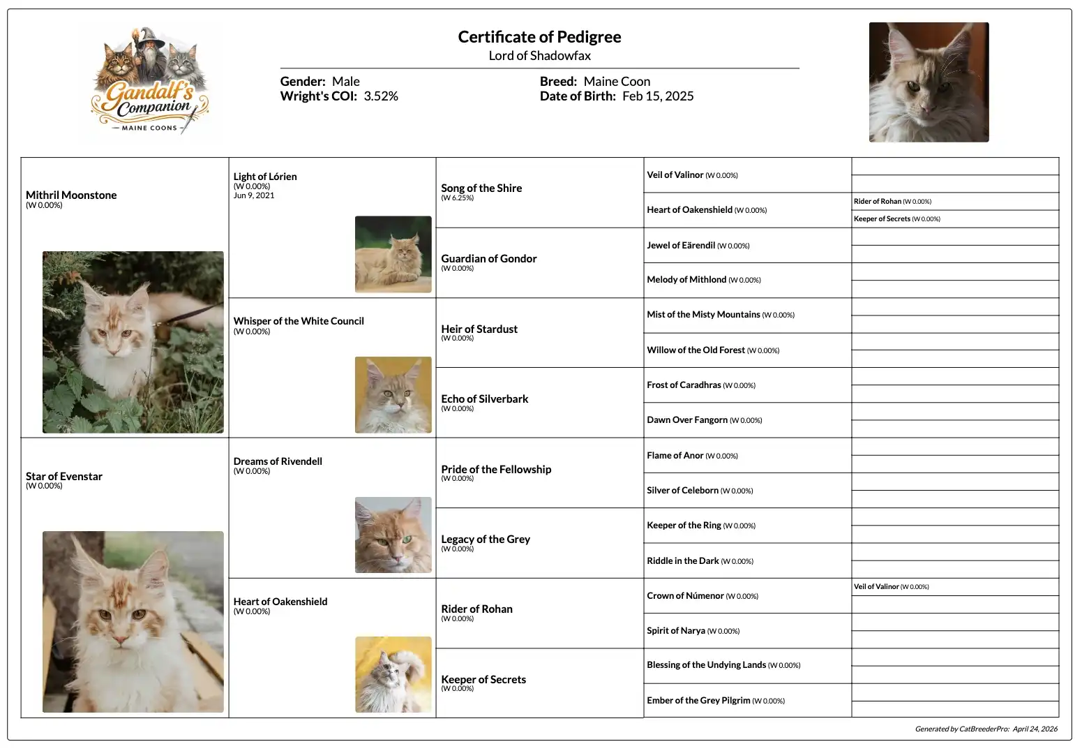 A professionally styled pedigree document generated by Cat Breeder Pro, showing a multi-generation pedigree layout with the breeder's cattery logo, custom colors, and cat details formatted for print.