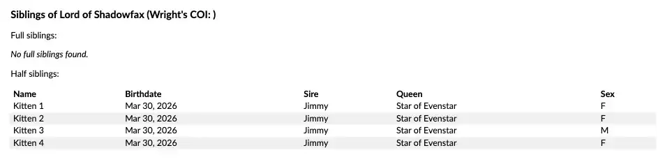 Sibling report showing full siblings and half siblings in separate sections, with columns for name, birthdate, sire, queen, and sex.